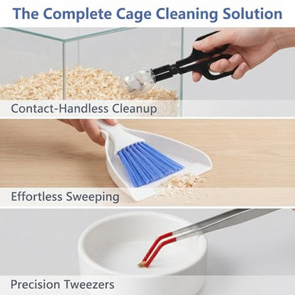 Mini Dustpan and Brush Set, Reptile Scoop Feeding Tool, Stainless Steel Straight & Curved Tweezers for Small Animals – Hamsters, Hedgehogs, Rats, Guinea Pigs, Lizards, Reptiles (Black)