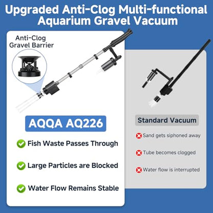 AQQA Aquarium Gravel Vacuum Cleaner, 8-in-1 Electric Fish Tank Cleaner with Automatic Water Change,320GPH Strong Suction, Anti-Clog Gravel Barrier,Sand Washer, Vacuum Cleaner for 15.7-30in Tank Height