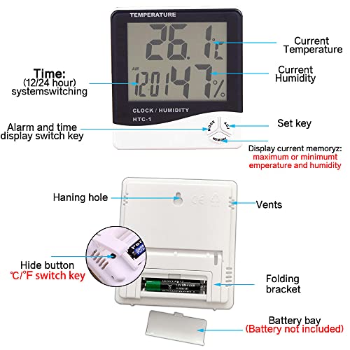 Temperature Humidity Meter,LCD Electronic Digital Outdoor/Indoor Thermometer Hygrometer with Clock Time Humidity Monitor for Home,Bedroom,Pet,Reptile,Plant,Greenhouse,Basement,Guitar (HTC-1)