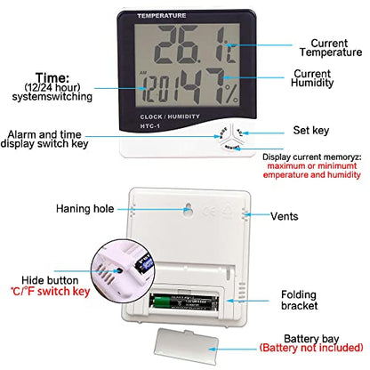 Temperature Humidity Meter,LCD Electronic Digital Outdoor/Indoor Thermometer Hygrometer with Clock Time Humidity Monitor for Home,Bedroom,Pet,Reptile,Plant,Greenhouse,Basement,Guitar (HTC-2)