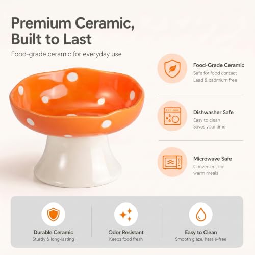 Orange Mushroom Cat Bowl, Elevated Ceramic Bowl for Cats | Elevated, Ceramic, Whisker Friendly, Anti Vomitin,Cute Mushroom Design - color: Orange