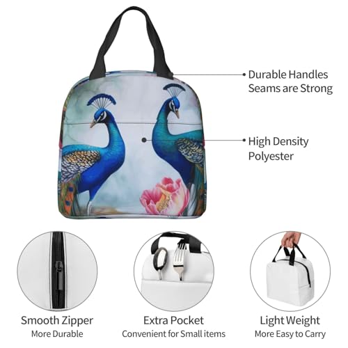 Insulated Lunch Bag Beautiful Peacocks and Lotuses Lunch Box for Women Men Reusable Leakproof Lunch Cooler Bag for Office Picnic - color: Beautiful Peacocks And Lotuses