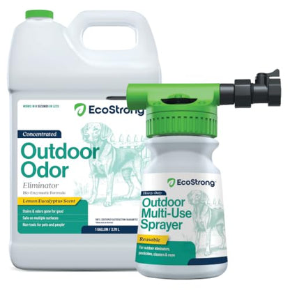 Eco Strong Outdoor Odor Eliminator | Outside Dog Urine Enzyme Cleaner – Powerful Pet, Cat, Animal Scent Deodorizer | Professional Strength for Yard, Turf, Kennels, Patios, Decks (Gallon with Sprayer) - style: 128 oz w Multi-use Sprayer
