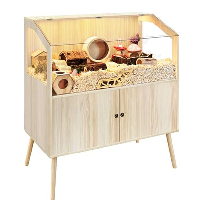 PROLEE Hamster Cage with Storage Cabinet,Large Hamster Encloure Chew Proof Wood,Clear View Hamster Habitat for Guinea Pig, Ferret, Rat, Hedgehog, 40" L x 20" W x 47" H (Oak) - color: Oak