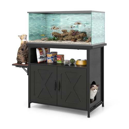 Verano Garden 40-50 Gallon Fish Tank Stand, Aquarium Stand, White | Cat Litter Box Enclosure, Storage Shelf, Cat Perch, Removable Divider, Scratch Mat, 36.2"x20.5" Tabletop, 660 LBS Capacity - color: Black