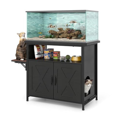 Verano Garden 40-50 Gallon Fish Tank Stand, Aquarium Stand, White | Cat Litter Box Enclosure, Storage Shelf, Cat Perch, Removable Divider, Scratch Mat, 36.2"x20.5" Tabletop, 660 LBS Capacity - color: Black