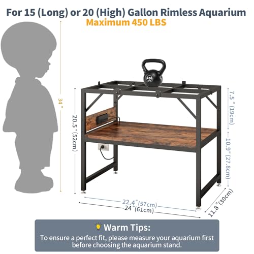 15-20 Gallon Fish Tank Stand with Power Outlets,Aquarium Stand with 2-Tier Storage Shelves,Heavy Metal Reptile Turtle Tank Stand,Fish Tank Shelf,450LBS Capacity,24”L×11.8”W×20.5”H,Rustic Brown