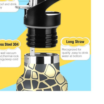 Sports Water Bottle Reptile Skin Black Beige Stainless Steel Beverage Container 20 oz Coffee Cup with Detachable Straw & Leakproof Lid for Office/Travel/Outdoor