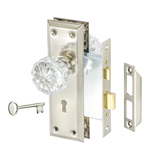 Mortise Lock Set for Interior Door with Crystal Glass Door Knobs | Brushed Nickel, Vintage Door Knobs with Lock and Antique Skeleton Key Replacement Old Style Door, 2-3/8" Backset - color: Brushed Nickel, size: 1 Pack Mortise Lock