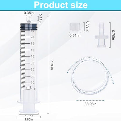 2 Pack 100ml Luer Lock Syringe with 39" Tube and Luer Connectors | 100cc Large Plastic Syringes for Liquid, Oil, Feeding, Watering - size: 100ml