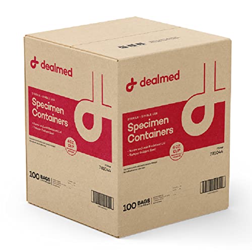 Dealmed Urine Specimen Cups - Leak Resistant Lids, 4 oz, 100 Count | Sterile Interior, Polypropylene Material, Individually Wrapped, Tamper Evident Tab, Screw-On Cap, ID Label, For Drug Testing