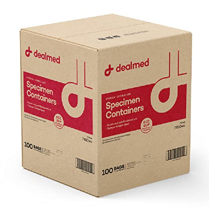 Dealmed Urine Specimen Cups - Leak Resistant Lids, 4 oz, 100 Count | Sterile Interior, Polypropylene Material, Individually Wrapped, Tamper Evident Tab, Screw-On Cap, ID Label, For Drug Testing