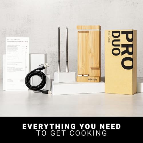 MEATER Pro Duo WiFi & Bluetooth Thermometer, 2-Probe, 1000°F, 6 Sensors | 1000°F heat resistance, long range, six sensors. Bamboo charger. For BBQ, oven, grill, smoker, air fryer, deep fryer.