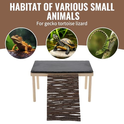 Basking Rock Platform with Climbing Ramp Slate Painted Glossy Black Platform Reptile Resting Area Bearded Dragon Hiding Burrow Reptile Tank Accessory for Tortoises Lizards Toads Geckos