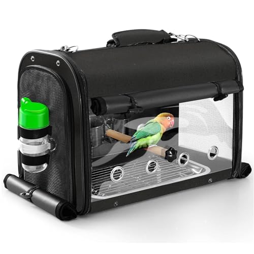 Bird Carrier Bag with Stand, Lightweight Backpack for Parrot, Portable Cockatiel Travel Cage with Accessories, Pet Transparent Breathable Carrier, Black - color: Black