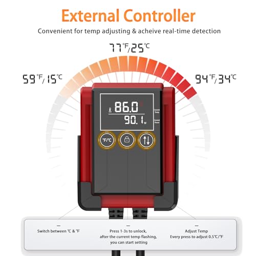 AQQA PTC Aquarium Heater 200W for Fish Tank 20-40 Gallon Digital Thermostat with External Controller Temp Range 59-94℉ with Overheat & Out-of-Water Auto Shut-Off Protection (200W for 20-40Gal) - size: 200W for 20-40Gal Tank