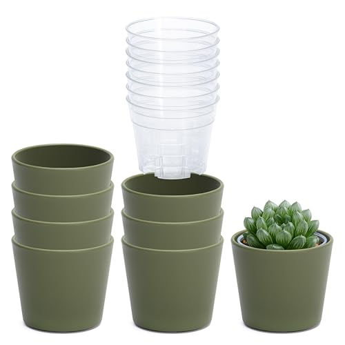 Phoenix Vine 3.5 Inch Olive Plastic Cachepot with Clear Nursery Pot, Decorative Lightweight Planter Cover with Transparent Inner Pot for Indoor Houseplants, Pack of 8, 24-A-F-8 - color: Olive, size: 3.5" (8 Pack)