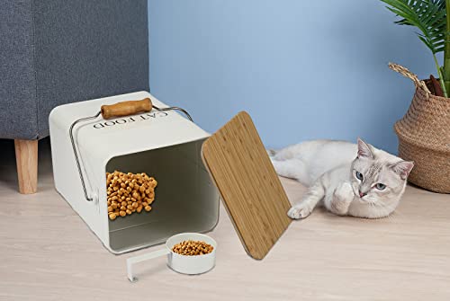 Cat Food storage container Cat Treats Jar,5~6 lb Metal food treats tin for Cat, pet snacks Canisters with wooden lid/handle/sevice scoop-White - color: Cat-White