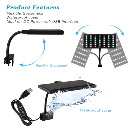 Clip On Aquarium Light with Timer for 3 to 8 Gal Fish Tank (Dimmable Full Spectrum LED) USB Moving Lamp for Open Terrarium (Adapter NOT Included), Black, DM-USBLIGHT+T02