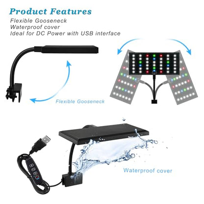 Clip On Aquarium Light with Timer for 3 to 8 Gal Fish Tank (Dimmable Full Spectrum LED) USB Moving Lamp for Open Terrarium (Adapter NOT Included), Black, DM-USBLIGHT+T02