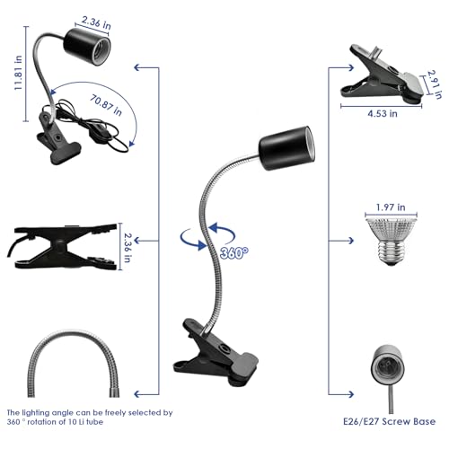 Techsea Reptile Heat Lamp with 360° Rotatable Clips, UVA + UVB Spectrum, 2 Light Bulbs (Black-1 Pack) - color: Black-1 Pack