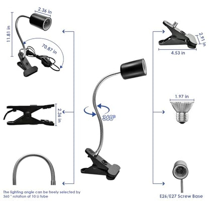 Techsea Reptile Heat Lamp with 360° Rotatable Clips, UVA + UVB Spectrum, 2 Light Bulbs (Black-1 Pack) - color: Black-1 Pack