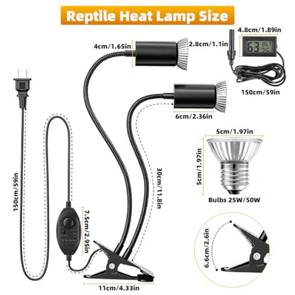 Dual-Head Reptile Heat Lamp Bundle, 24H Cycle Timer & Hygrothermograph | 360° Rotatable, UVA & UVB Basking Heat Lamp for Turtle Snake Tortoise Bearded Dragon Lizard