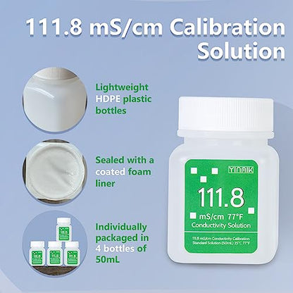 111.8 mS/cm Calibration Solution Conductivity Salt Standard Buffer Solution | EC Buffer Solution For Salinity Tester, EC Meter, TDS Meter, 7 in 1 Multi-Parameter Tester Calibration, 4 Bottles of 50mL - color: White