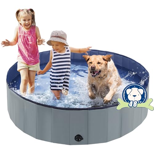 Eooqi Foldable Dog Pool, Portable Pet Bath Tub and Kiddie Swimming Pool | Collapsible Bathtub for Puppies, Small, Medium and Large Dogs, Cats and Kids, 48 x 12 in, Gray - color: Gray, size: 48"-L