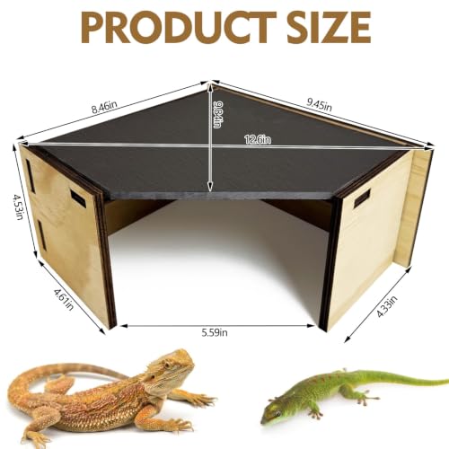 PINVNBY Large Bearded Dragon Basking Platform Wooden Snake Hide Ball Pythons Hide with Slate Rock Leopard Gecko Tank Accessories for Crested Gecko Chameleon(Triangle: 12.6 x 9.84 x 4.53 inches)