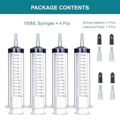 4Pack 150ml Large Syringe for Liquid - Big Plastic Syringes for Thick Liquids , Giant without Needle Syringe for Paint Fluid , Irrigation Water , Feeding Food Equine ( 4Pcs 150 ml )