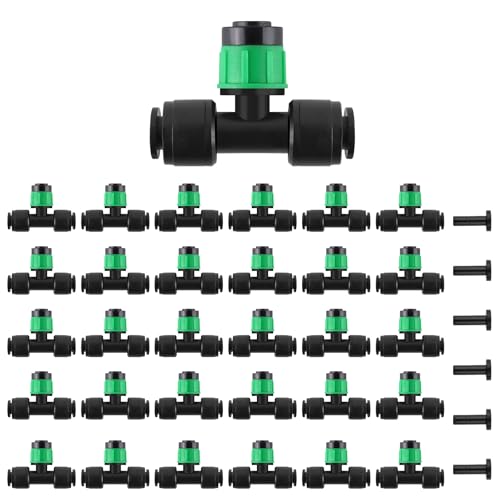 Kalolary 30Pcs Push-to-Fit Drip Irrigation Emitters for 1/4" Tubing | Adjustable 360 Degree Vortex Drip Emitters,Irrigation Dripper Sprinklers with 6PCS Plugs for Garden Irrigation System(Green) - size: 1/4” Push-to-Connect Tee- Vortex- 30P Green