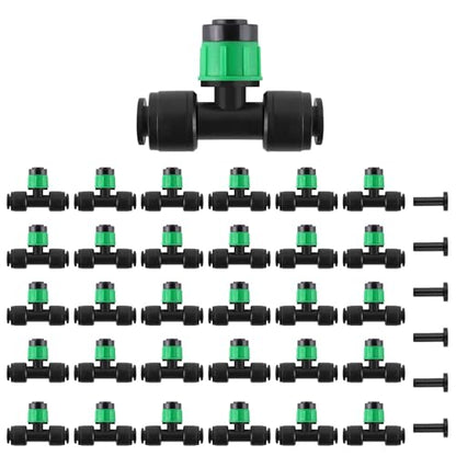 Kalolary 30Pcs Push-to-Fit Drip Irrigation Emitters for 1/4" Tubing | Adjustable 360 Degree Vortex Drip Emitters,Irrigation Dripper Sprinklers with 6PCS Plugs for Garden Irrigation System(Green) - size: 1/4” Push-to-Connect Tee- Vortex- 30P Green