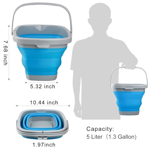Collapsible Mop Bucket and Ice Bucket-5L(1.3 Gallon) Household Cleaning Silicone Dust Mops Bucket, Portable Bathroom Cleaning Supplies Square Bucket for Cleaning - color: Blue, size: 5L