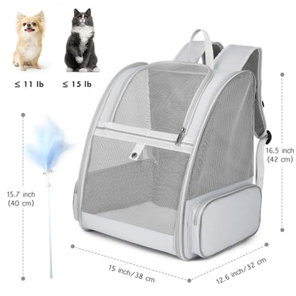 Cat Backpack Carrier, Large Pet Carrier Backpack with Kitten Wand Feather Toy for Medium Small Dog Cat Puppy Kitty Bunny up to 15lbs, Ventilated Mesh Kitten Bookbag for Travel Walking Outdoor (Grey) - color: Grey