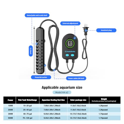 100W Submersible Fish Tank Heater for 10-20 Gallon with Auto Shut-Off When Leaving Water—Aquarium Heater, Dry-Burn & Overheat Protection, Smart LED Display for Betta Freshwater Saltwater - size: 100W