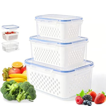 Fruit Storage Containers for Fridge, 4 in 1 Food Storage Container, Produce Storage Containers with Lid and Strainer, Including Drain Basket, Multipurpose Large Fruit Containers for Fridge-3PCS White