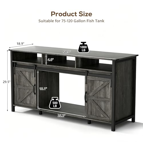 VOWNER 75-120 Gallon Fish Tank Stand with Power Outlet for 2 Tanks, Grey | Farmhouse Aquarium Stand with Storage Cabinet & Sliding Barn Doors, Heavy Duty Reptile Tank Stand, 1000LBS Capacity - color: Grey