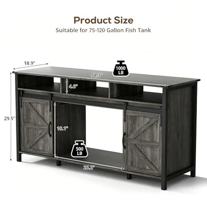VOWNER 75-120 Gallon Fish Tank Stand with Power Outlet for 2 Tanks, Grey | Farmhouse Aquarium Stand with Storage Cabinet & Sliding Barn Doors, Heavy Duty Reptile Tank Stand, 1000LBS Capacity - color: Grey