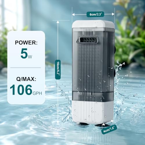 106 GPH Turtle Tank Filter Aquarium Filter for Low Water Level (5W) | Internal Filter for Turtle Fish Tank 5–15 Gal, Quiet for Shrimp Frog Reptile Freshwater Saltwater, 3-Stage Filtration - size: 5W