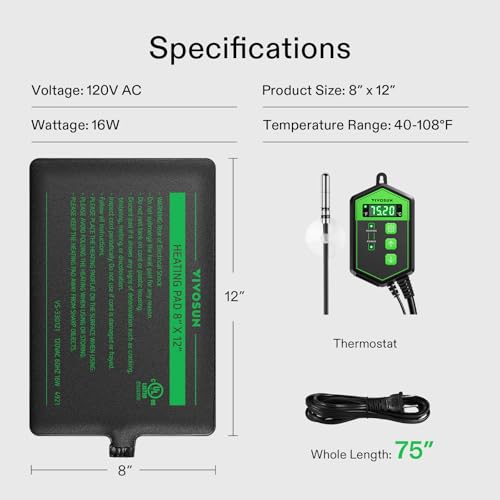 VIVOSUN Reptile Heating Pad 8x12 Inch with Thermostat Combo | Under Tank Terrarium Heating Mat for Turtles, Lizards, Frogs, and Other Reptiles - size: 8X12 Inch with Thermostat