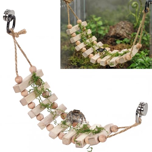 Jumping Spider Enclosure Accessories Magnetic Jumping Spider Rope Bridge with Artificial Moss Handmade Rectangular Solid Wood Suspension Bridge (Natural Wood Color)