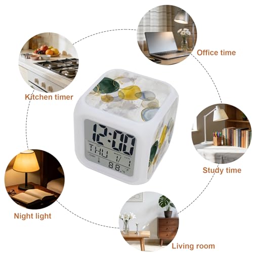 Abstract Ink Alarm Clock, Green Yellow Blue Ink Splatter Bubbles Drops Digital Clock Night Light with 7 Color, Calendar Temperature Display, NightLight Clock for Bedroom, 3.2x3.2in - color: Yellow,green,gray