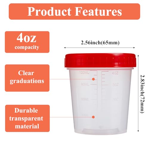 100Pcs Leak Proof Specimen Cups with Lids,4oz Disposable Urine Cups | Specimen Container with Screw on Lid,Sample Collection Kit for Safe Urine Pee Sample Analysis Testing - style: Red-100PCS