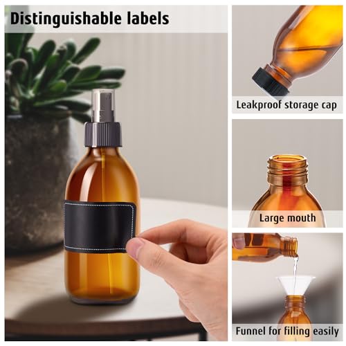 Amber Glass Spray Bottles 8.8 oz, 2 Pack Empty Spray Bottle for Cleaning | Empty Glass Spray Bottles for cleaning, Plants, Pets, Hair, Durable Spray Nozzle, Fine Mist, Labels, Funnel, Pipettes - color: 8.8 oz Amber