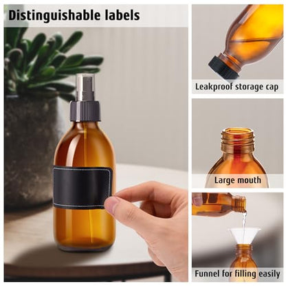 Amber Glass Spray Bottles 8.8 oz, 2 Pack Empty Spray Bottle for Cleaning | Empty Glass Spray Bottles for cleaning, Plants, Pets, Hair, Durable Spray Nozzle, Fine Mist, Labels, Funnel, Pipettes - color: 8.8 oz Amber