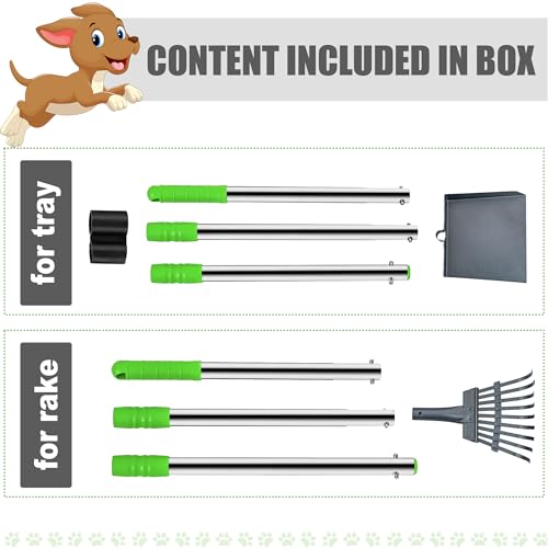Pooper Scooper for Dogs, Metal Poop Scooper Tray and Rake Set with Adjustable Long Handle, Dog Pooper Scooper for Pet Waste Removal - color: Silver & Green