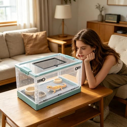 Terrarium for Reptiles Foldable, Portable Reptile Enclosure with Ventilation Mesh & Clear Panel, Small Animal Habitat Tank for Bearded Dragon Snake Gecko Lizard - color: Light Blue+Clear, Clear+Black