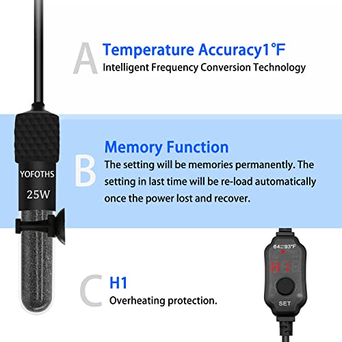 YOFOTHS Adjustable Mini Aquarium Heater, 25W for Tanks 3-5 Gallons | Fish Tank Heater, Digital Display Thermostat, External Temperature Controller - size: 25W
