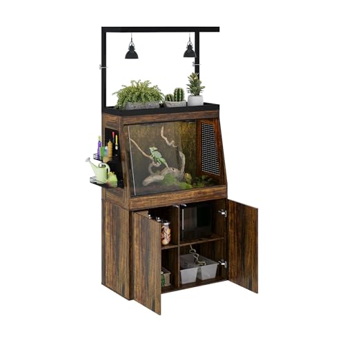 45 Gallon Inclined Reptile Tank with Terrarium Stand, Large Terrarium Reptile Tank Enclosure with Storage Cabinet, Adjustable Shelves and Ventilation Hole Panel, Bearded Dragon Cage, Brown
